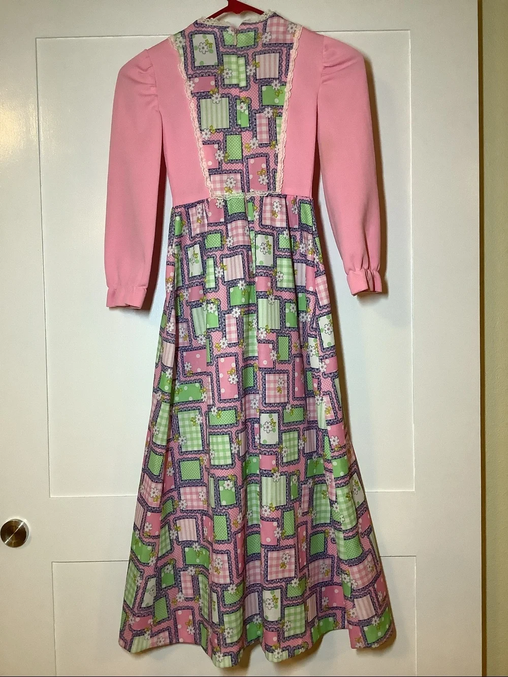 70’s VTG Prairie Girl Dress Brady Bunch Party Inverted Lace Trim Bib